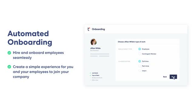 TriNet automated onboarding screen letting an admin choose an employee's work type and classification