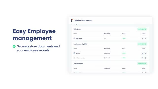 TriNet worker documents screen listing offer letters, I-9 forms, and tax documents with completion status