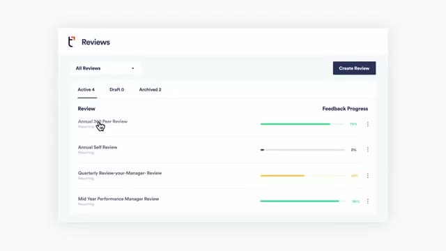 TriNet reviews dashboard showing active, draft, and archived performance review cycles with feedback progress