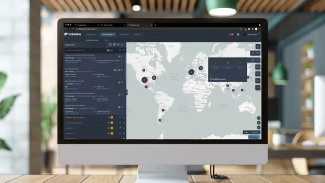 Overhaul Sentinel platform dashboard showing a global map of in-transit shipments and a shipment list