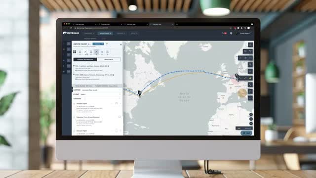 Overhaul air shipment view showing a transatlantic flight path and a shipment timeline sidebar