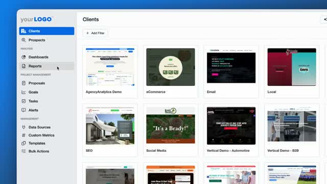 AgencyAnalytics client list screen showing white-label dashboard templates for different verticals