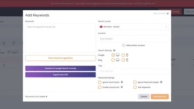 AccuRanker add keywords screen with search locale, device, and advanced ranking settings