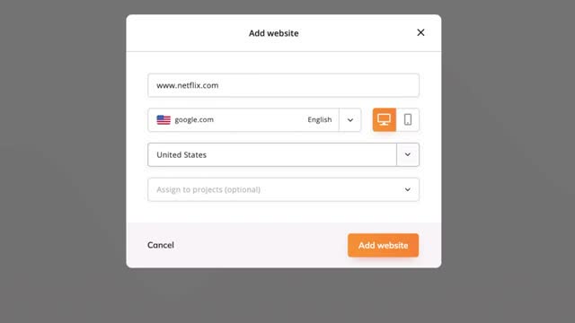 Wincher add website dialog for entering a domain, search engine, and country to start tracking