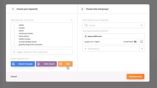 Wincher add keywords screen for entering keywords and assigning them to a tracked website
