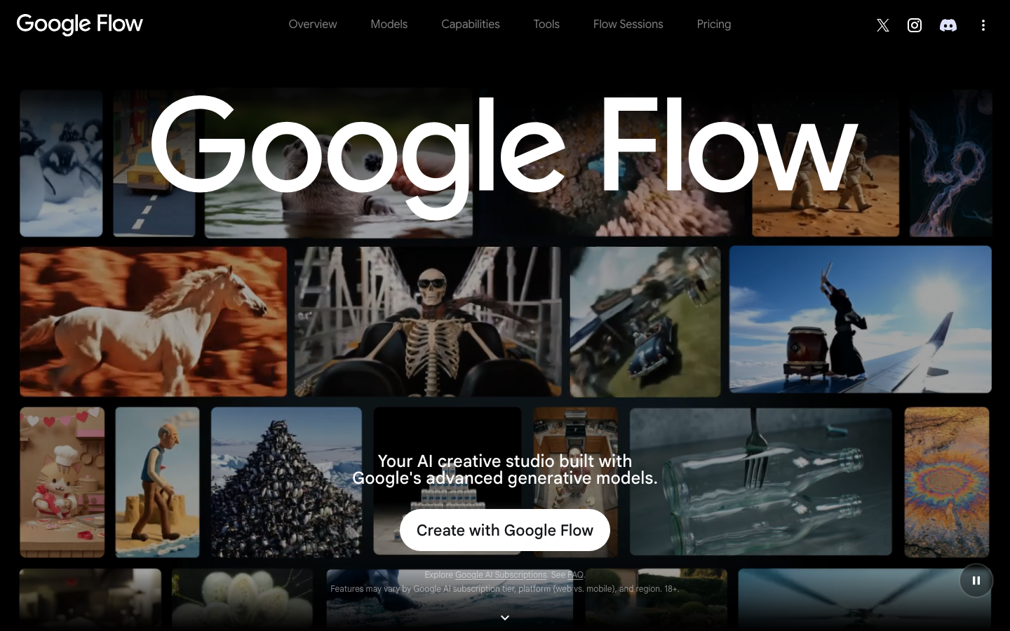 Google Flow homepage showing Veo 3 AI video generation tool with cinematic video creation interface