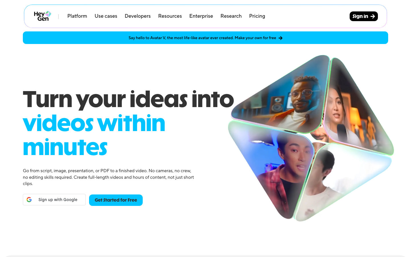 HeyGen homepage showing AI avatar video creation platform with digital twin technology