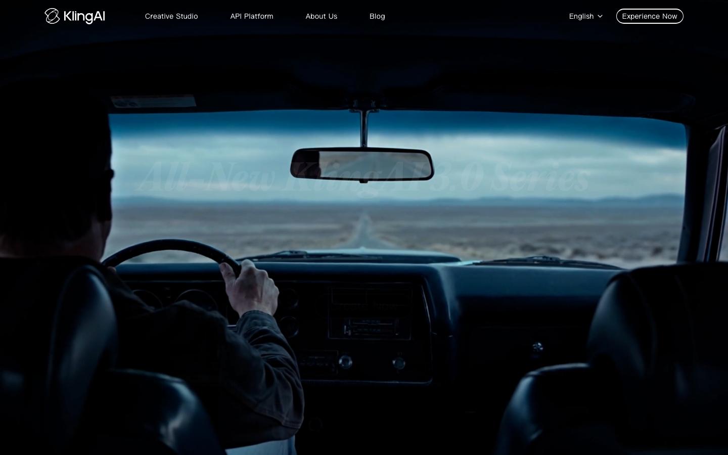 Kling AI homepage showing Kuaishou-backed generative video platform with creative studio interface