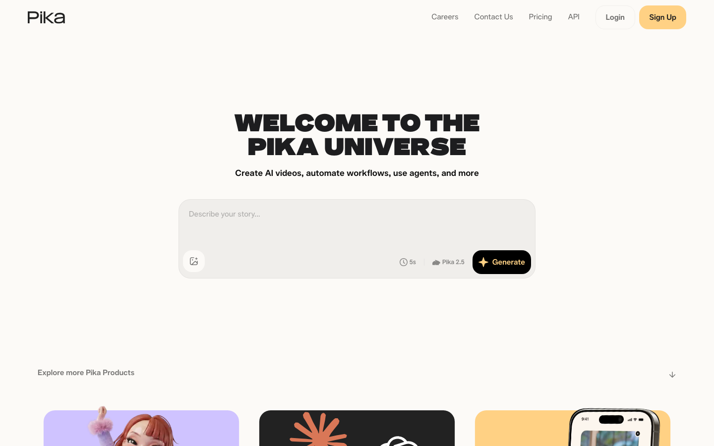 Pika homepage showing AI video generation interface with Pika 2.5 model and text prompt field