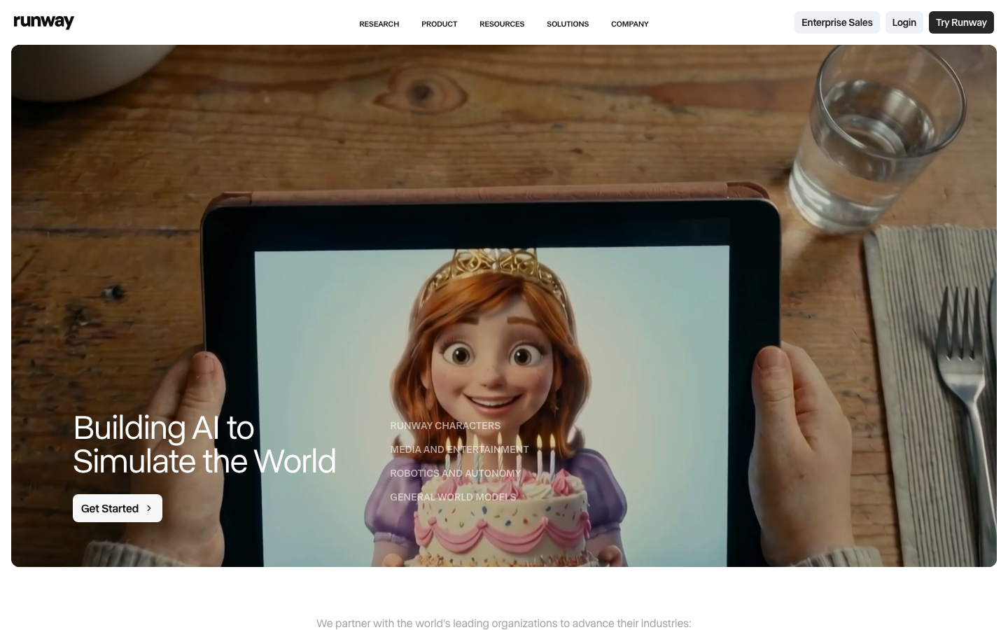 Runway AI homepage showing Gen-4 cinematic video generation platform with text-to-video interface