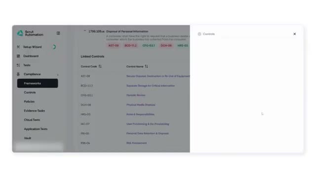 Scrut Automation compliance controls screen linking a CCPA requirement to its mapped security controls