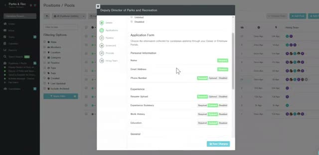 Breezy HR application form builder showing required, optional, and disabled fields for a job posting