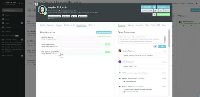 Breezy HR candidate profile with a team discussion panel for collaborative hiring feedback