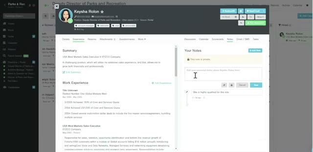 Breezy HR candidate experience tab showing work history alongside a private notes panel