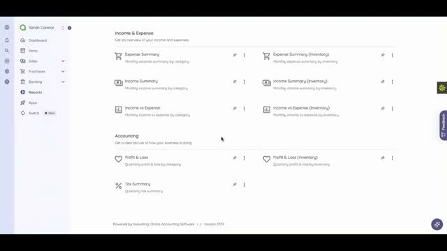 Akaunting reports list showing income and expense summaries plus profit and loss reports