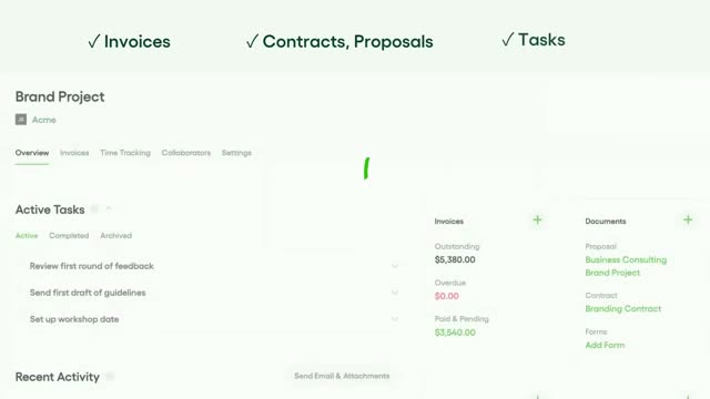Bonsai project overview showing active tasks, outstanding invoices, and linked documents