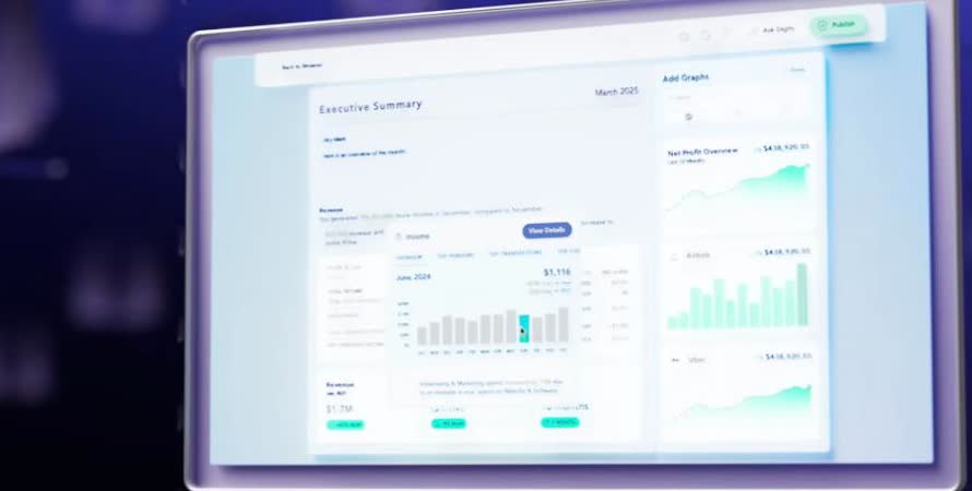 Digits executive summary dashboard showing revenue, net profit overview, and marketing spend charts