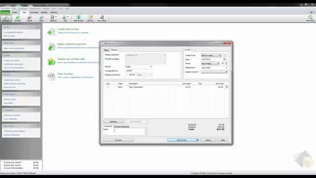 Express Accounts new invoice window showing line items, subtotal, shipping, and total due
