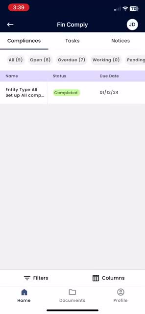 Finstackk mobile app Fin Comply screen listing compliance items with status and due dates