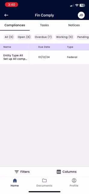 Finstackk mobile app compliance list showing due date and federal filing type columns