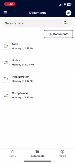 Finstackk mobile app documents screen listing task, notice, incorporation, and compliance folders