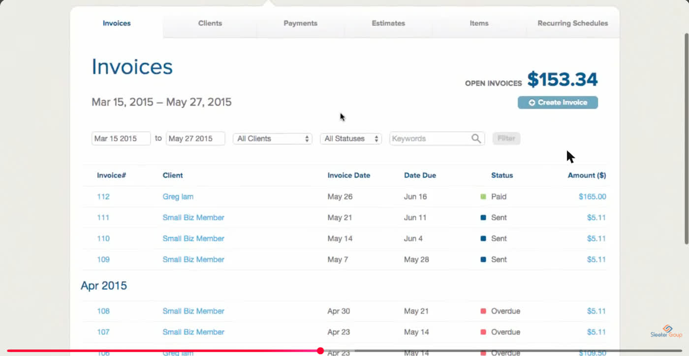 GoDaddy Bookkeeping invoices list showing paid, sent, and overdue invoice statuses with amounts due