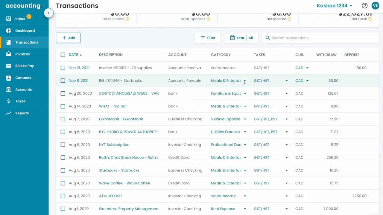 Kashoo transactions list showing dated entries with account, category, and tax columns