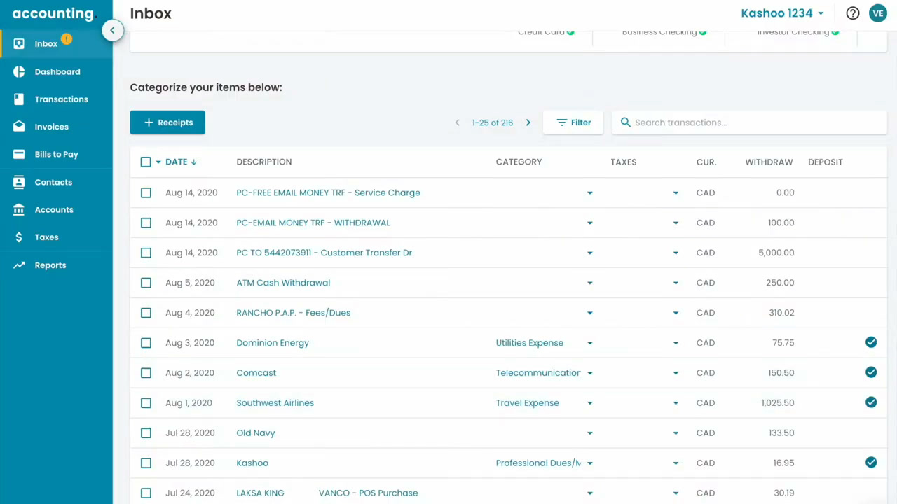 Kashoo inbox screen prompting the user to categorize imported bank transactions