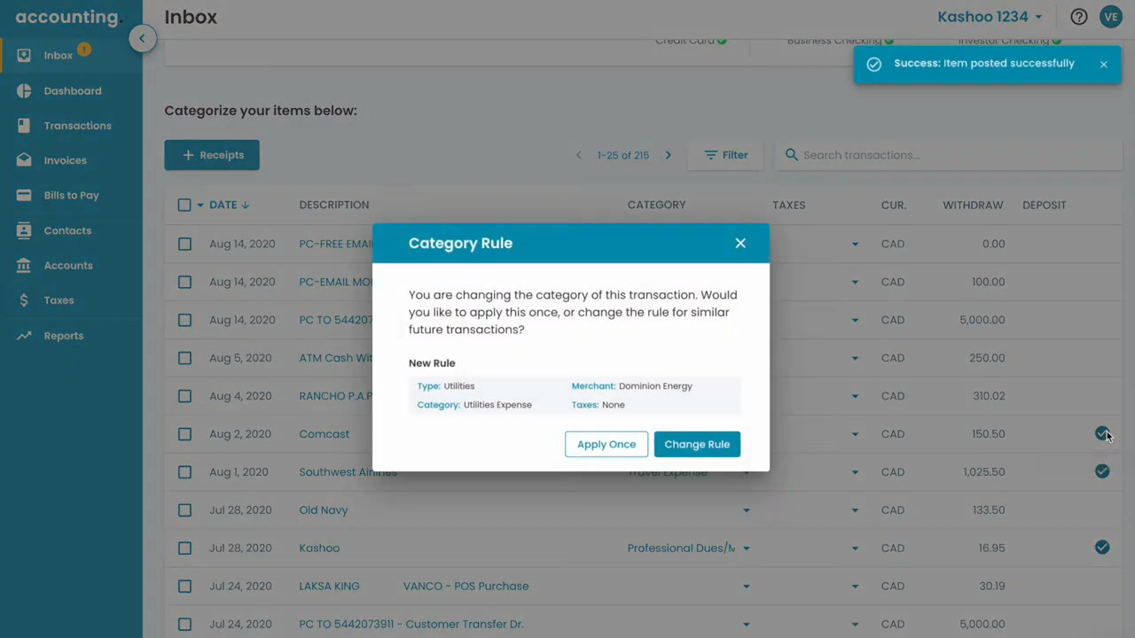 Kashoo category rule dialog for reusing a categorization on similar future transactions