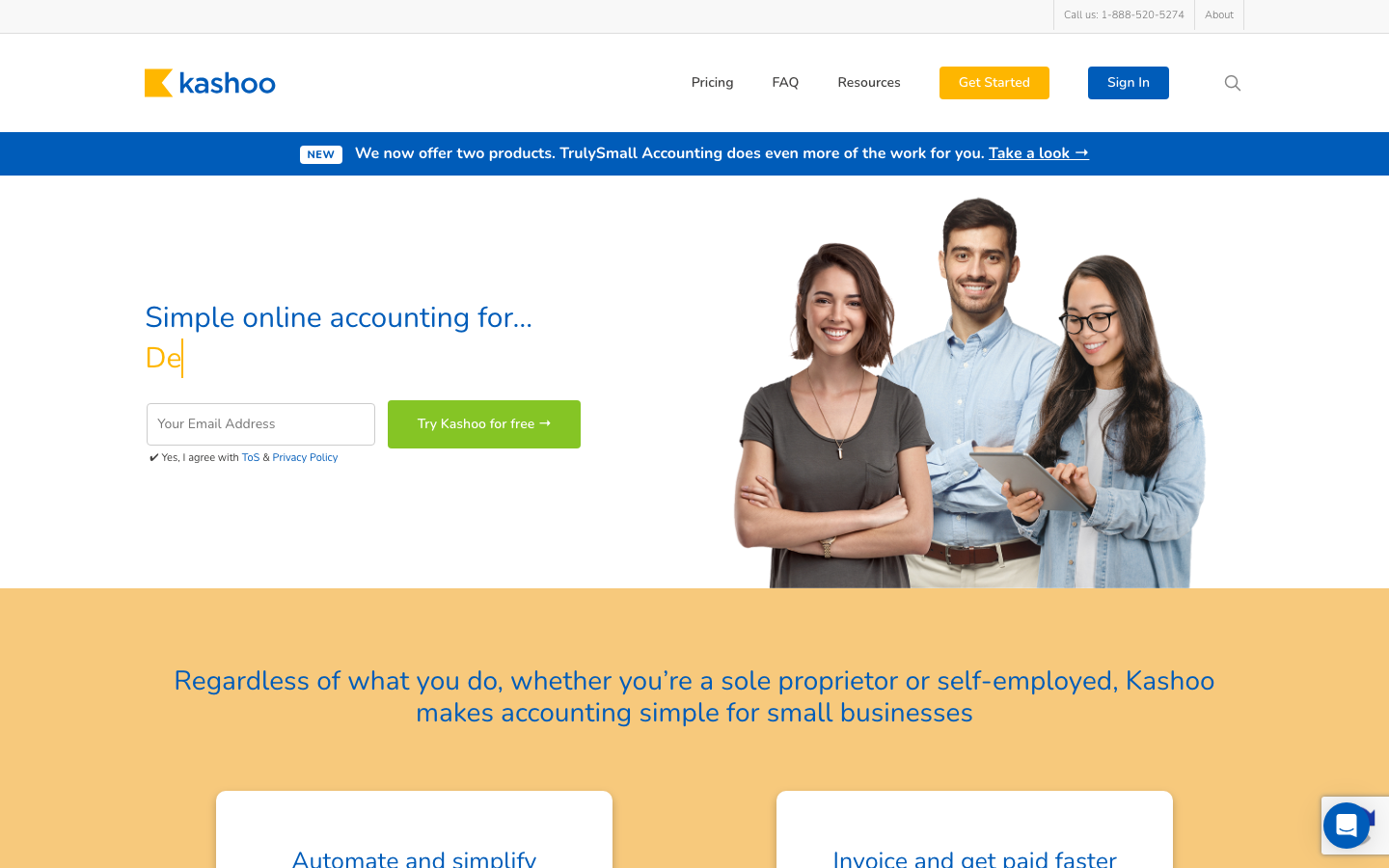Kashoo accounting software homepage showing simple bookkeeping dashboard for small business owners