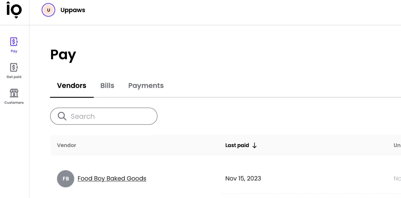 Melio Pay screen listing vendors with last paid dates on the Vendors, Bills, and Payments tabs