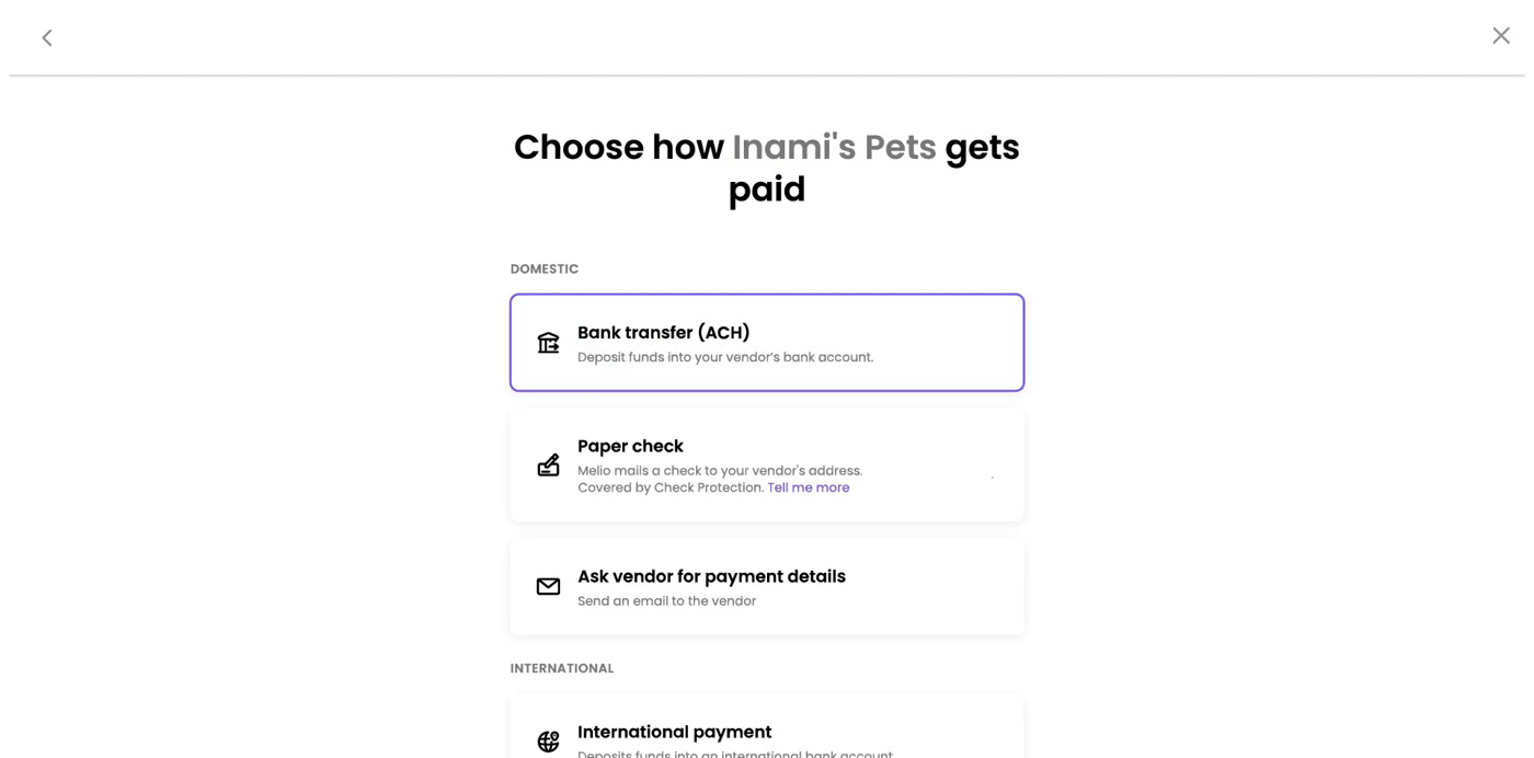 Melio screen choosing how a vendor gets paid by bank transfer, paper check, or vendor request