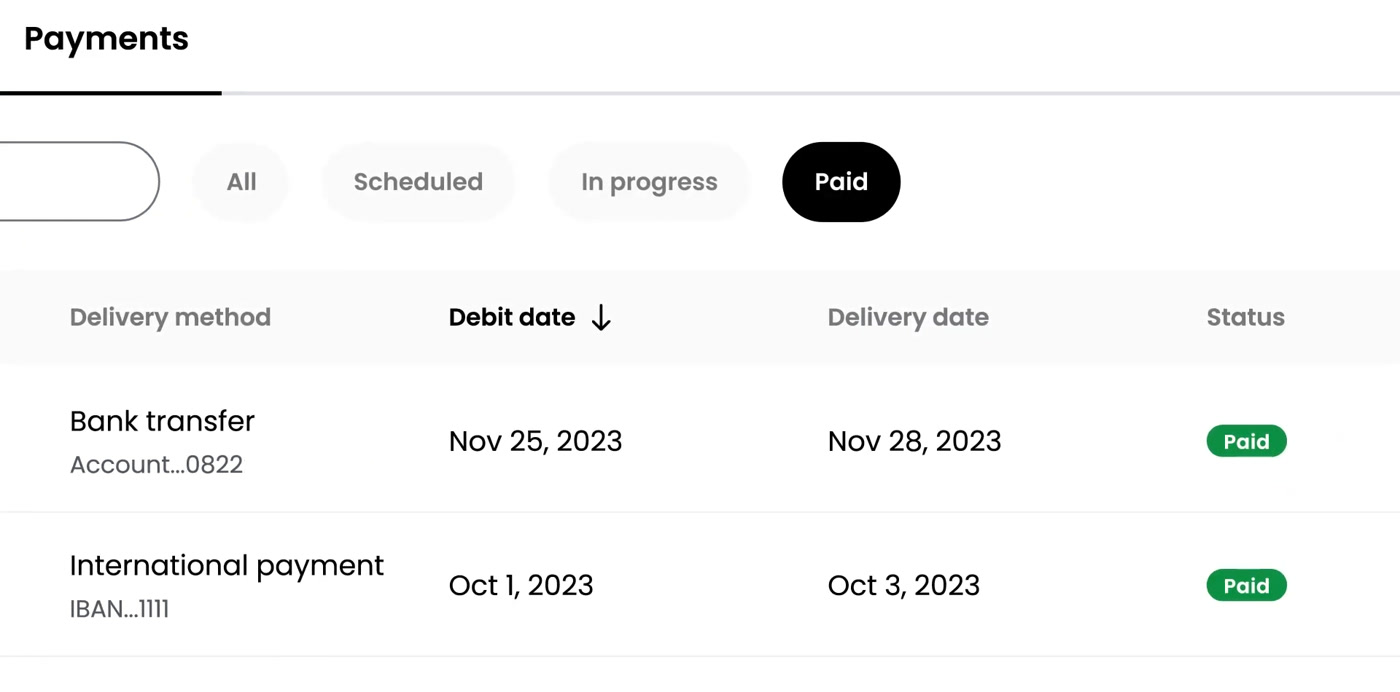 Melio payments screen showing delivery method, debit date, delivery date, and paid status