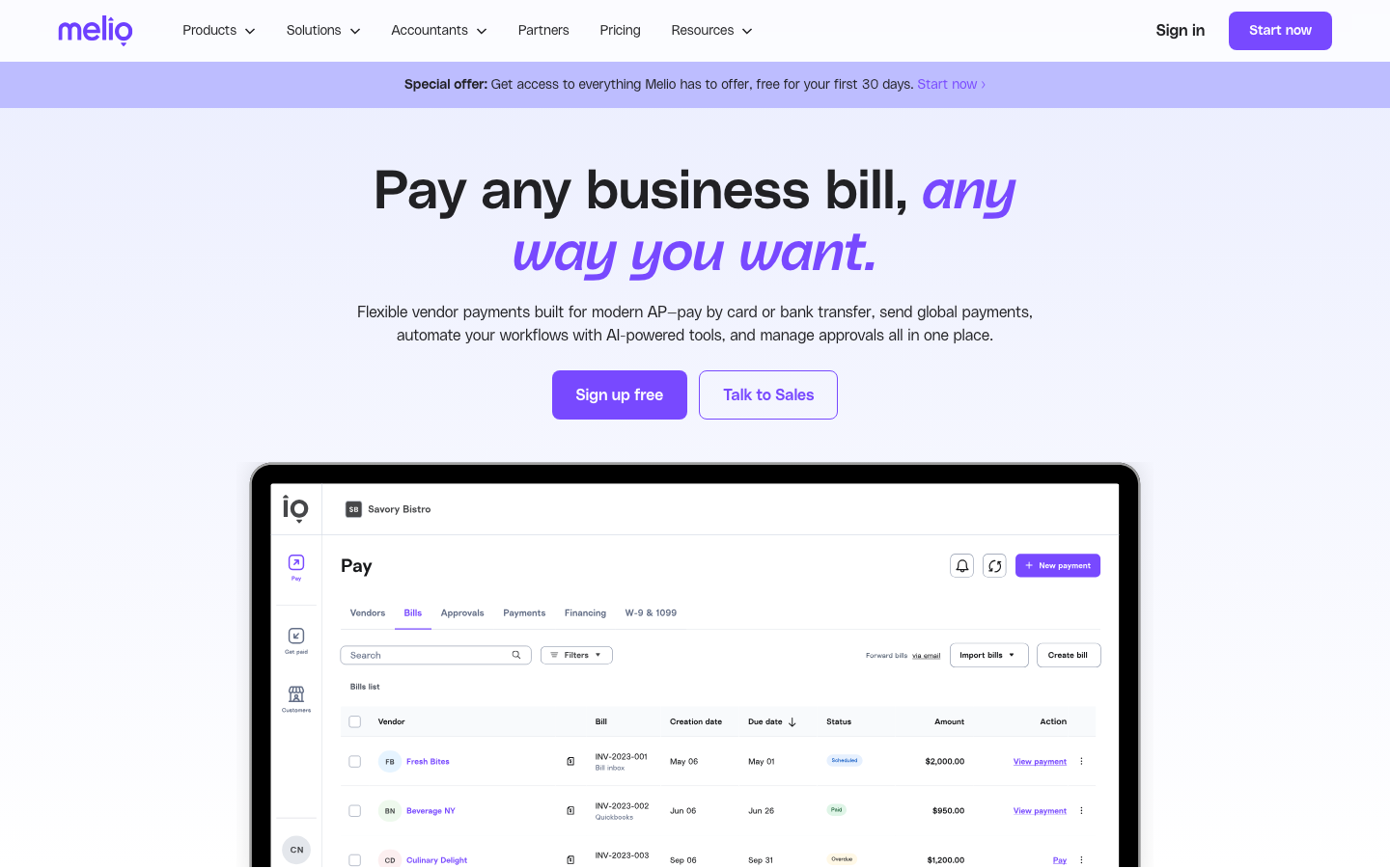 Melio bill pay platform homepage showing accounts payable dashboard for small business payments