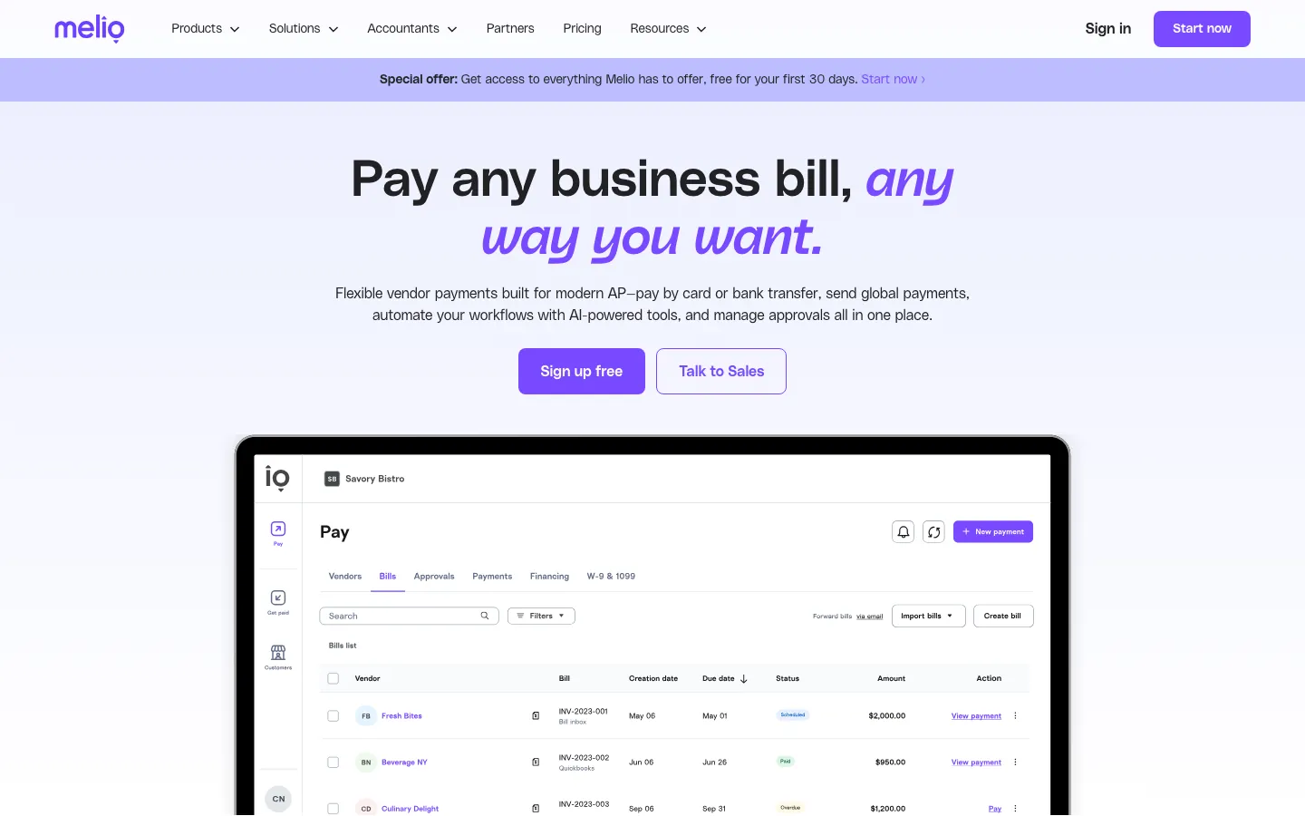 Melio bill pay platform homepage showing accounts payable dashboard for small business payments