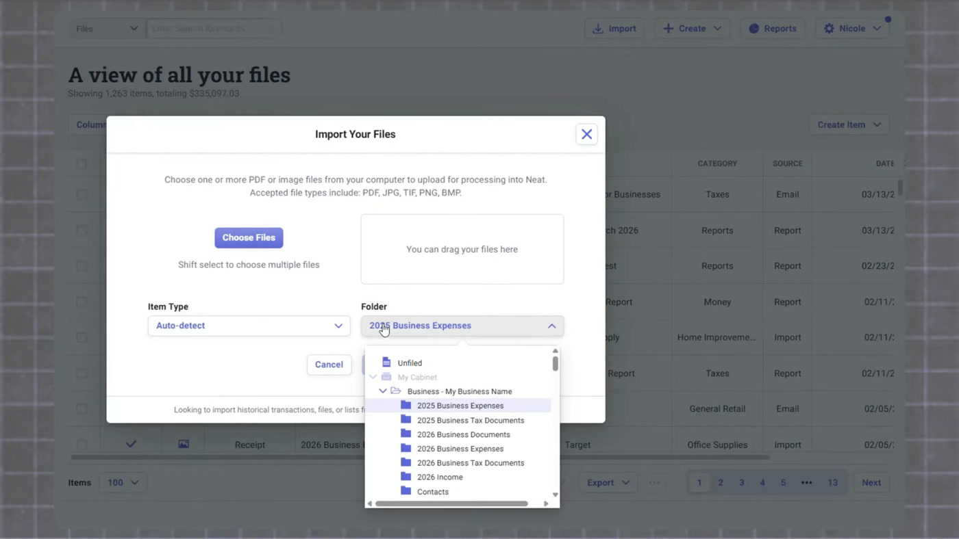 Neat file library showing all uploaded files with an import files dialog for PDFs and images