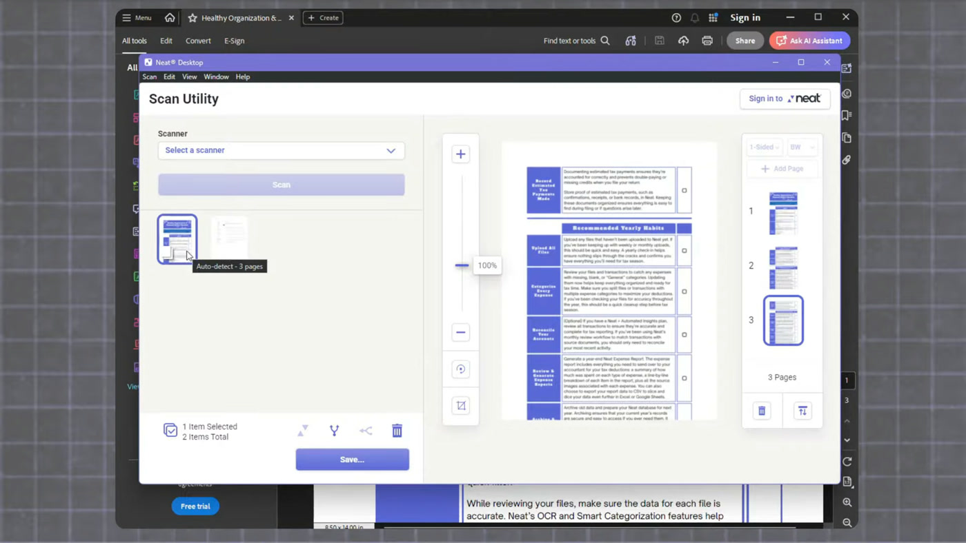 Neat desktop scan utility previewing a multi-page scanned document before saving