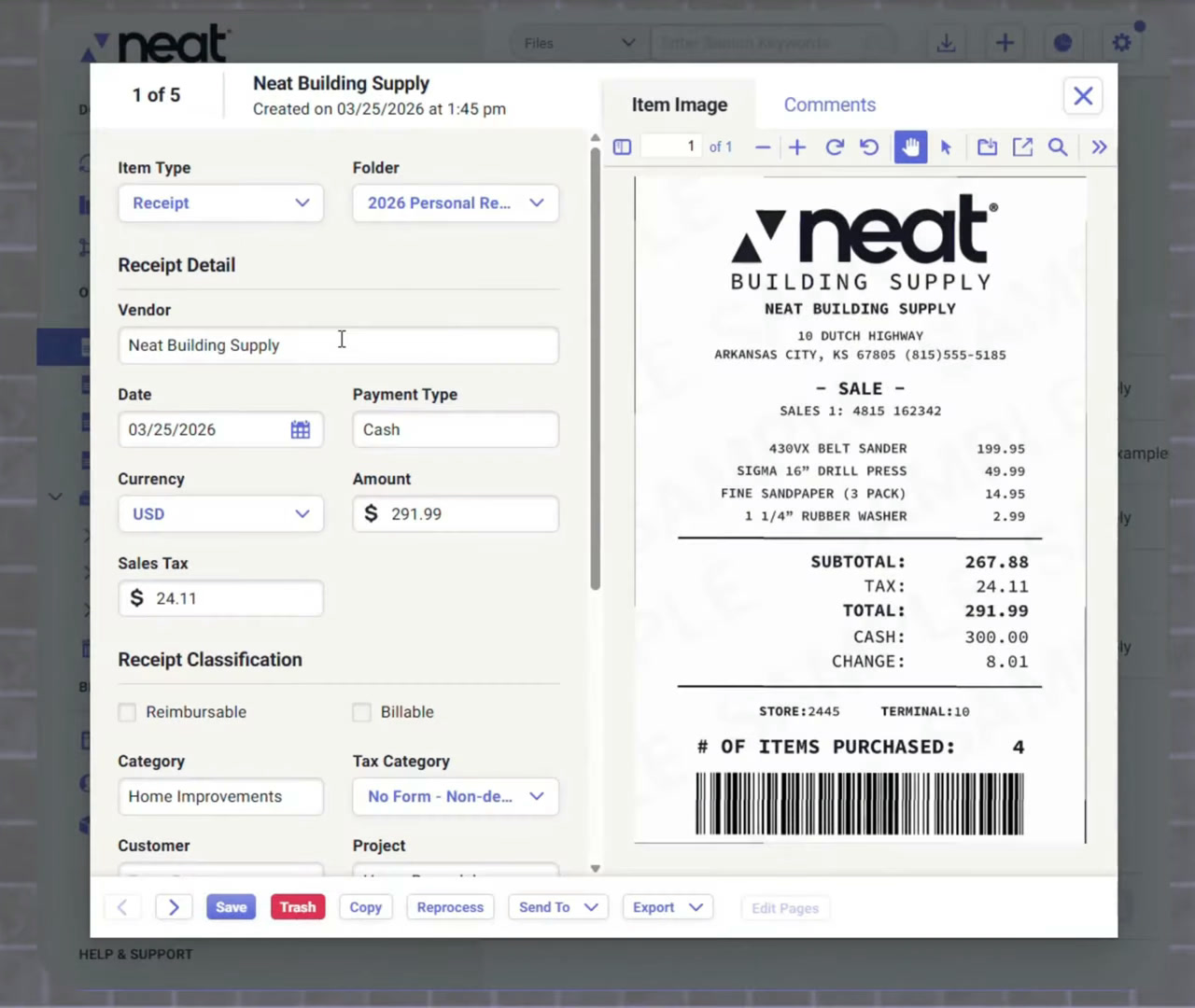 Neat receipt detail with the scanned receipt image and OCR-extracted vendor, date, amount, and tax fields
