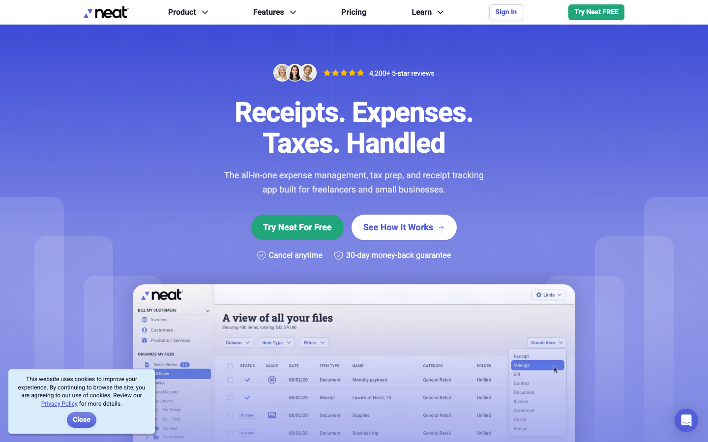 Neat receipt capture and bookkeeping app homepage showing organized expense document scanning