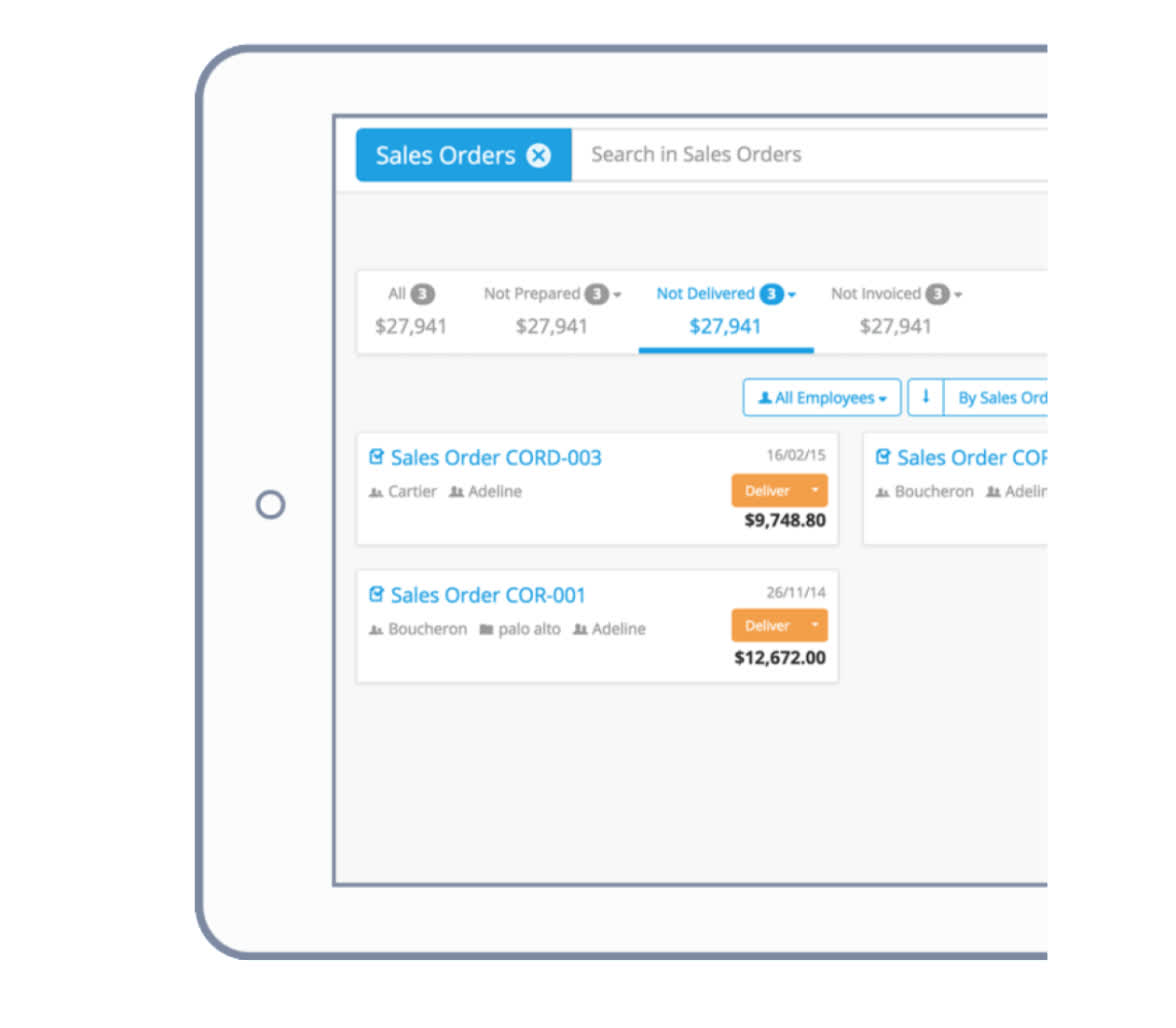 OneUp sales orders screen showing order status tabs, totals, and individual sales order cards