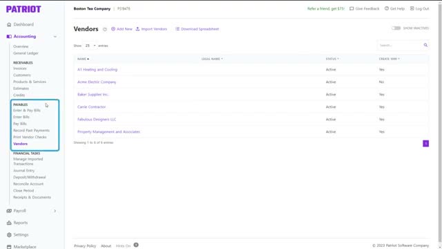 Patriot Accounting vendors list showing vendor names, legal names, and active status