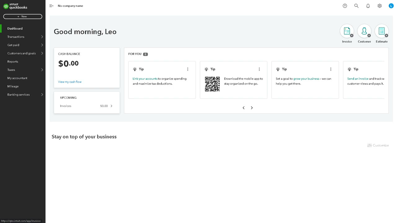 QuickBooks Solopreneur dashboard showing the cash balance, for-you tips, and business overview