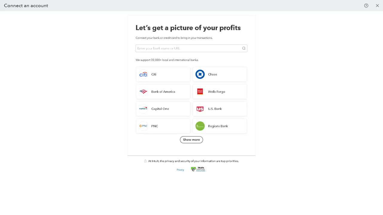 QuickBooks Solopreneur connect an account screen listing banks including Chase, Bank of America, and Wells Fargo