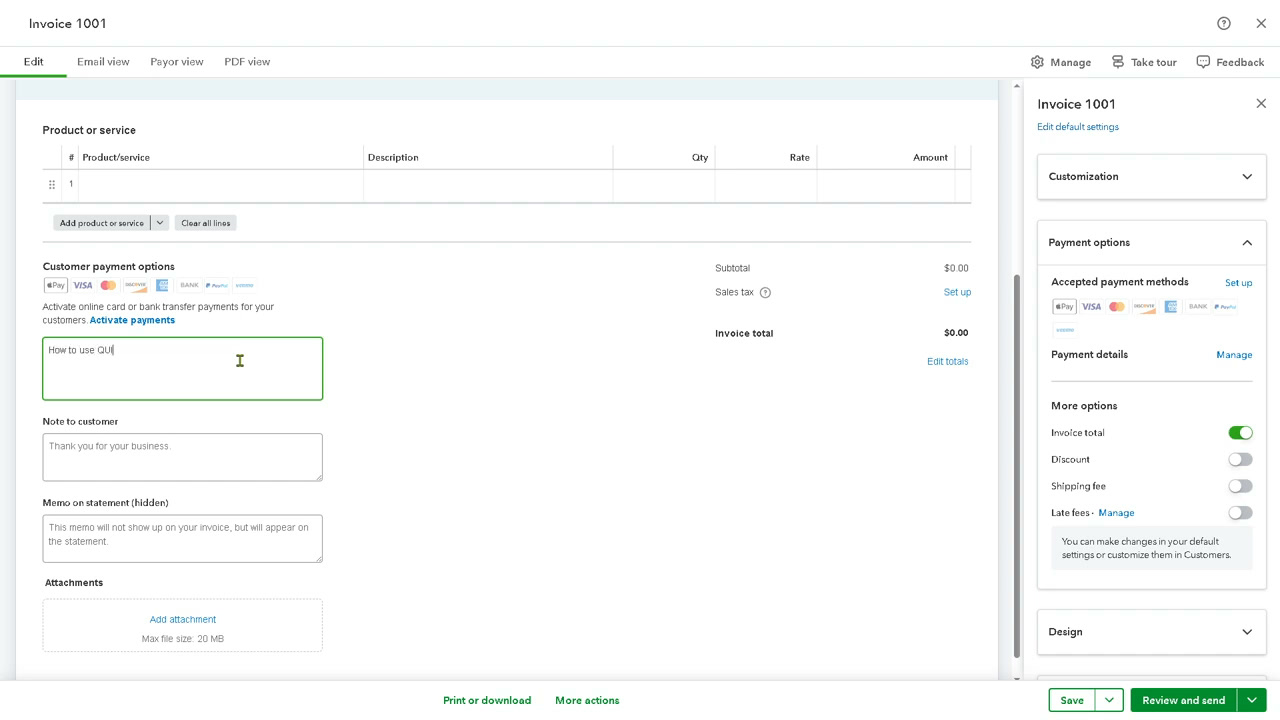 QuickBooks Solopreneur invoice editor with product or service lines and customer payment options