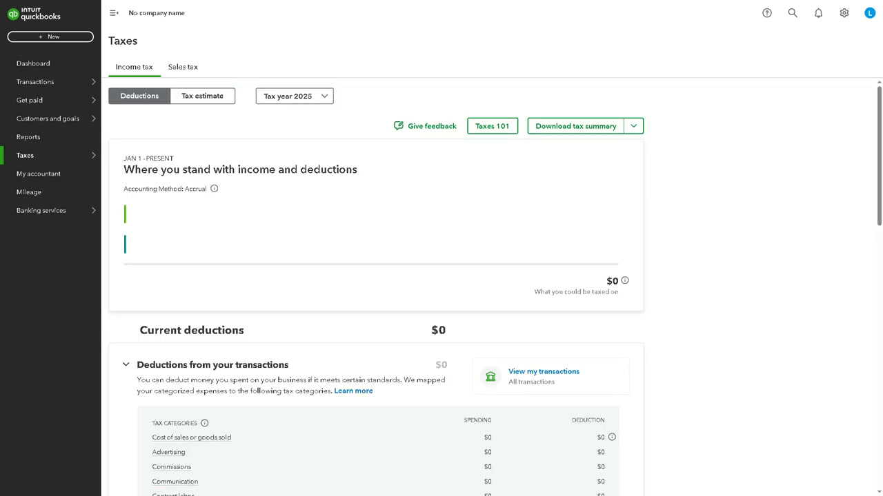 QuickBooks Solopreneur taxes screen showing where you stand on income and current deductions