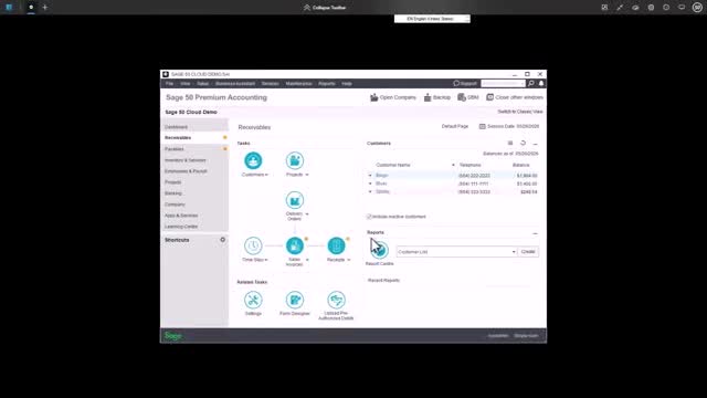 Sage 50cloud Accounting receivables screen showing customer list, tasks, and related reports