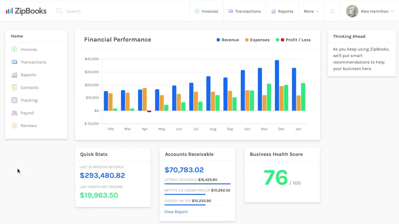 ZipBooks financial performance dashboard with a revenue and expenses bar chart and a business health score