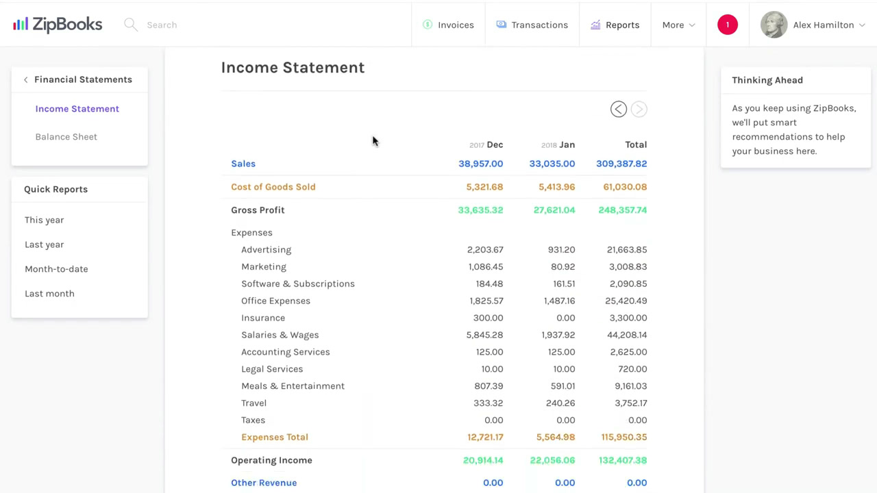 ZipBooks income statement report showing revenue, cost of goods sold, and operating income