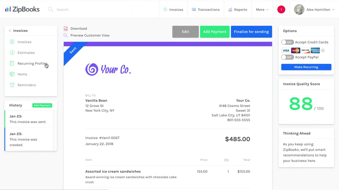 ZipBooks invoice editor for a sample company with an invoice quality score and add payment options