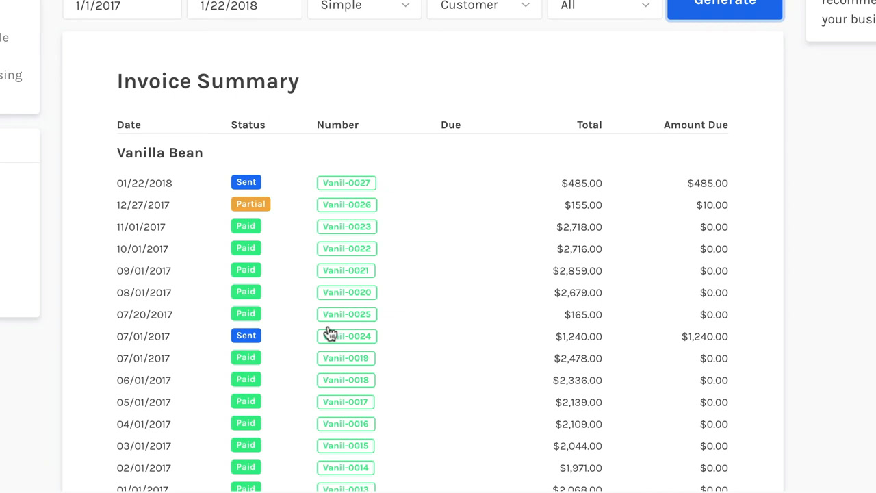 ZipBooks invoice summary listing invoices by status, number, due date, and amount due